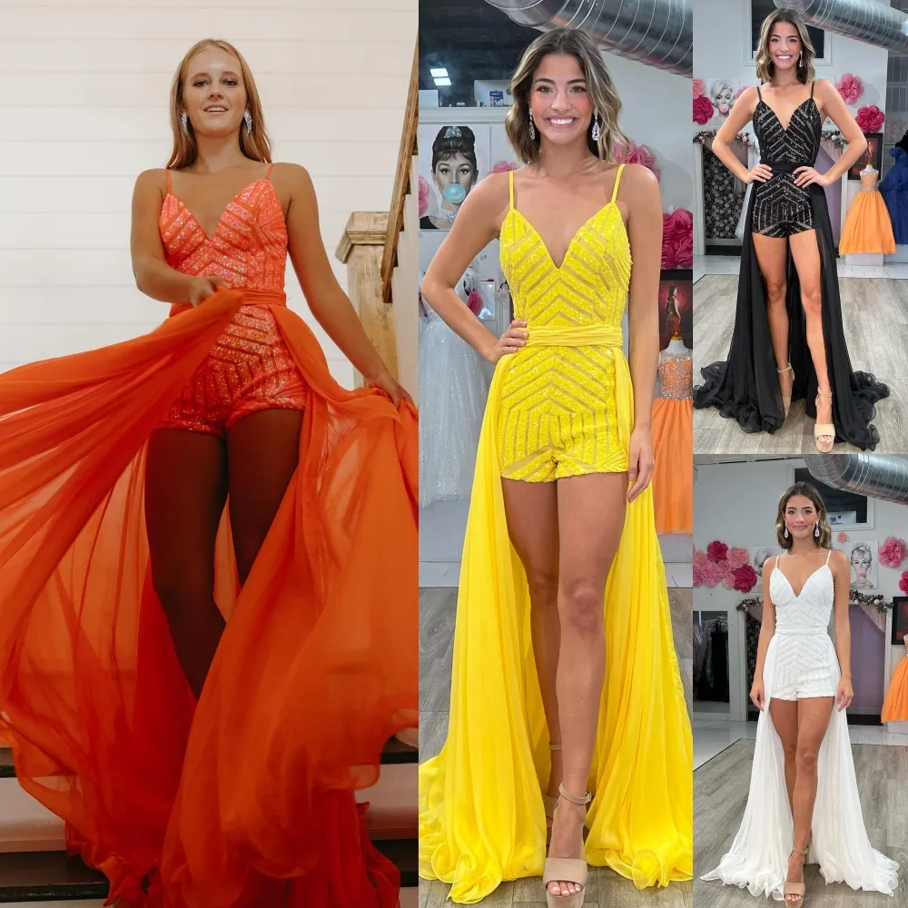 Neon-Orange Pailletten Ballkleid Strampler 2k24 Langer Chiffon-Überrock Taillierter Preteen Lady Pageant Winter Formeller Abend Cocktailparty Hoco Galakleid Jumpsuit Gelb