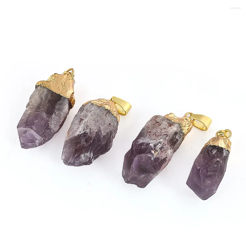 Pendant Necklaces 1PC Natural Amethyst Irregular Quartz Metal Trim Energy Stone Wand Scepter Necklace Charms Dangle Healing Jewelry Parts