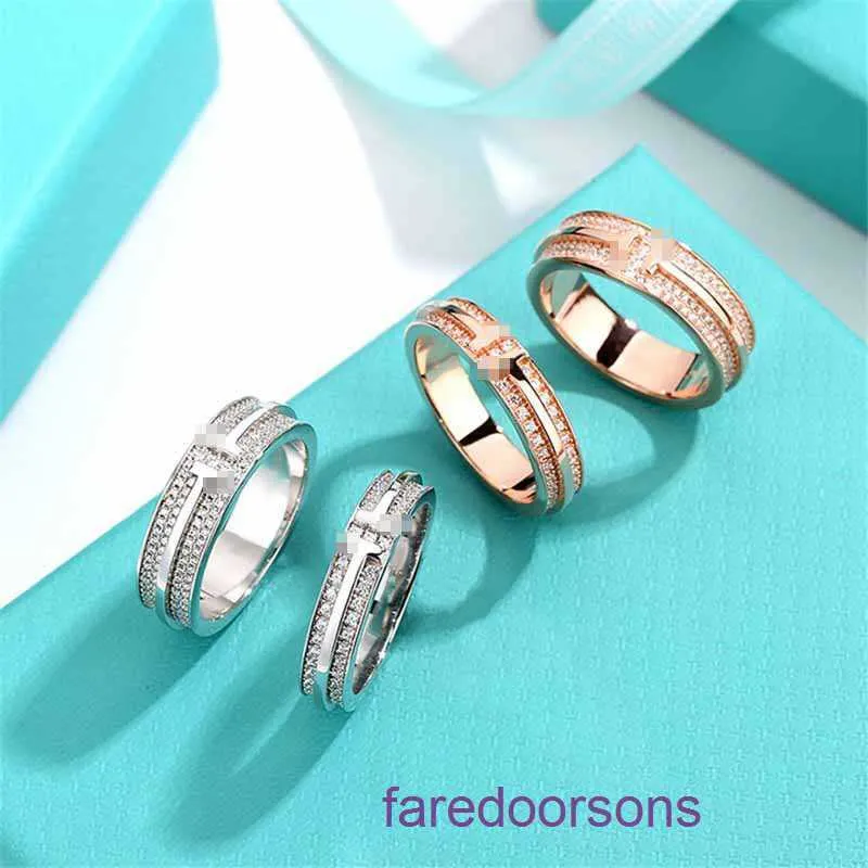 Tifannissm Rings online shop wholesale Classic T Home S925 Sterling Silver Set with Diamond Full Gold Plated Double Ring for Men and Women Have Original Box