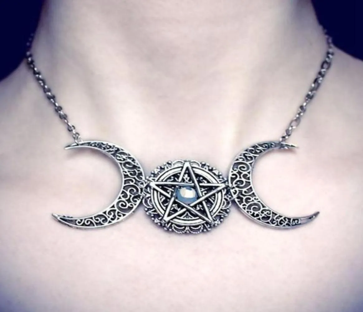 Frauen Kristall Triple Moon Halskette Göttin Pentagramm Halsband Heidnischen Schmuck Mode Pentagramm Anhänger 2021New8910180