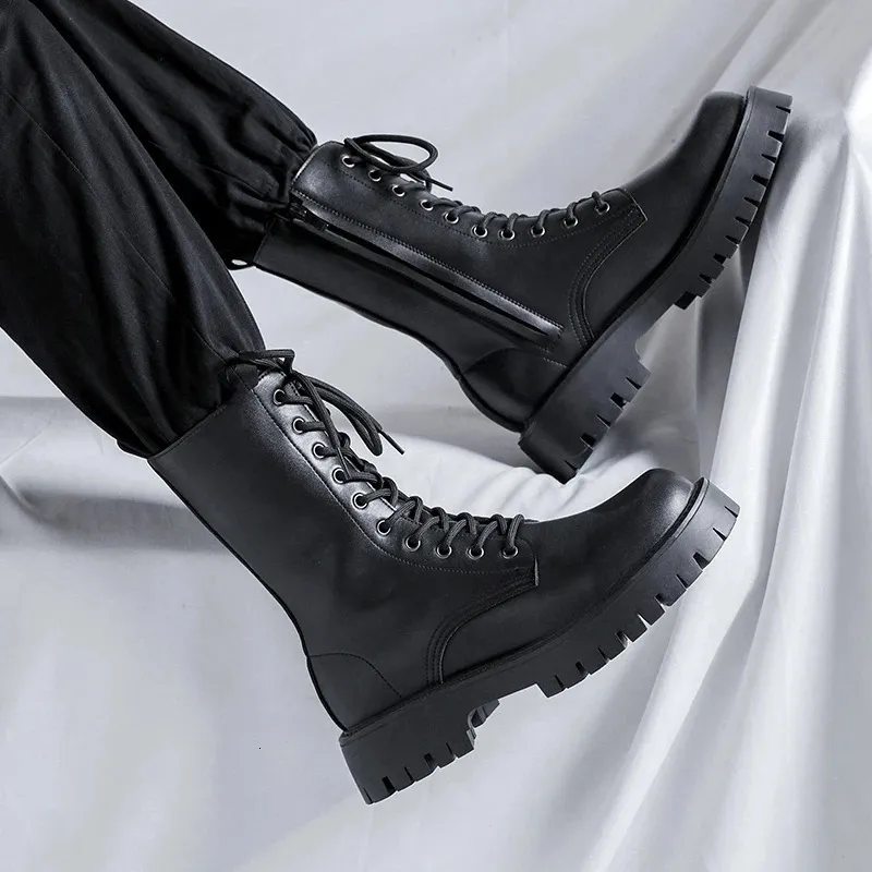 Style britannique hommes mode haute chevalier bottes lacets noir tendance chaussures scène discothèque cowboy en cuir véritable longue plate-forme botas 240105