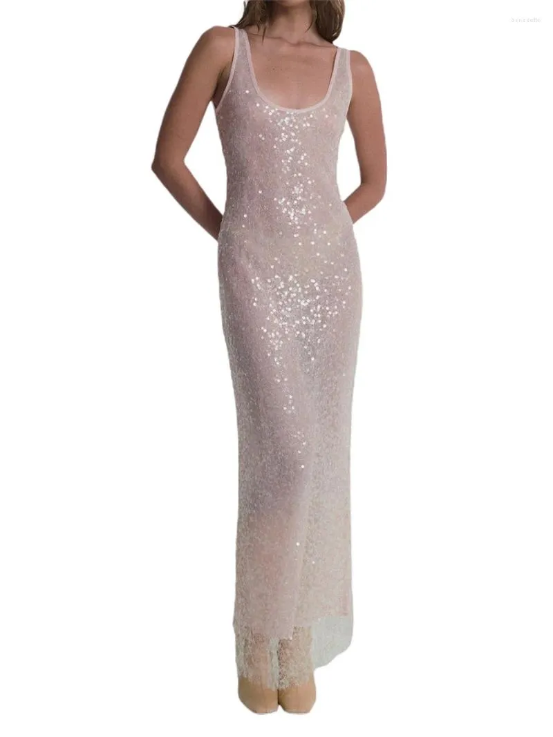 Casual Dresses Women Bling Sparkle Sequin Sleeveless Backless Dress Spaghetti Strap Long See Through Bodycon Cocktail