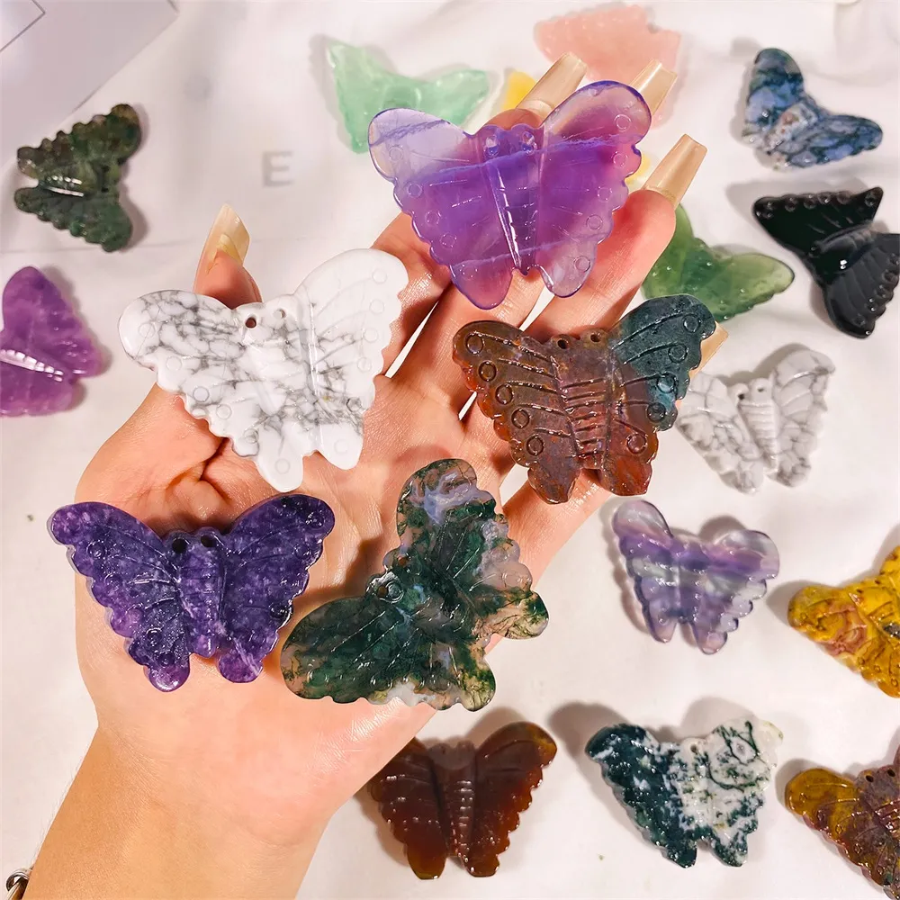 Pingentes de artes de cristal natural borboleta decoração de quartzo polido à mão