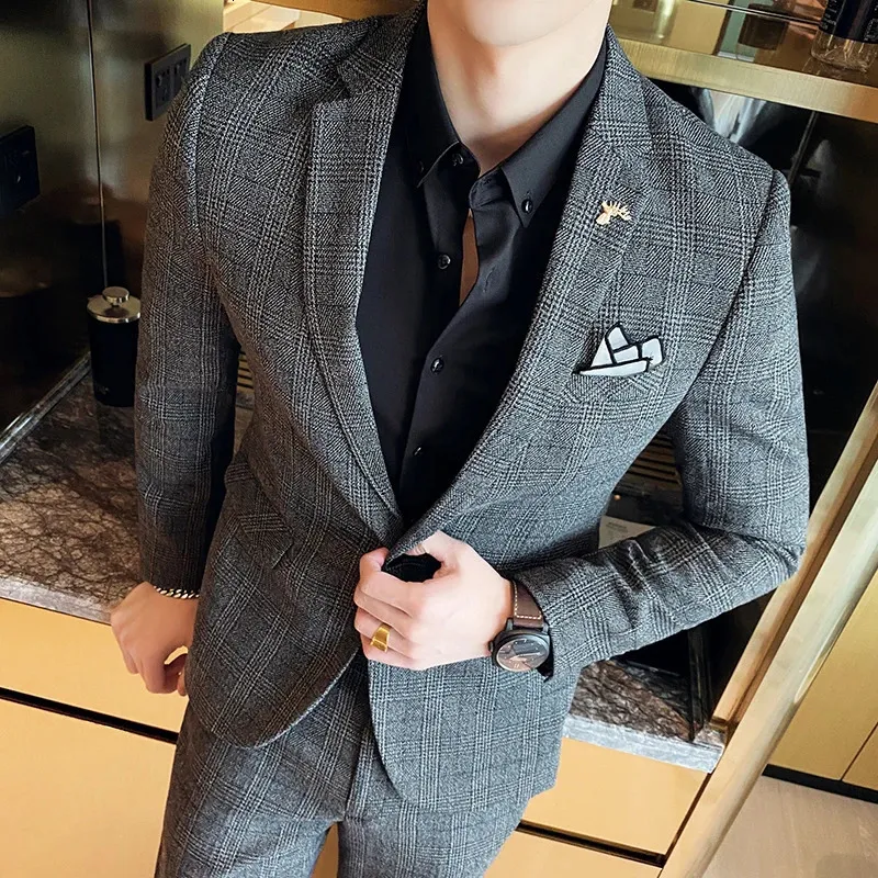 Boutique S-5XL Blazer Trousers Men's Italian Style Elegant Fashion Business Casual Gentleman Dress Linen Dress 2-Piece Set 240104