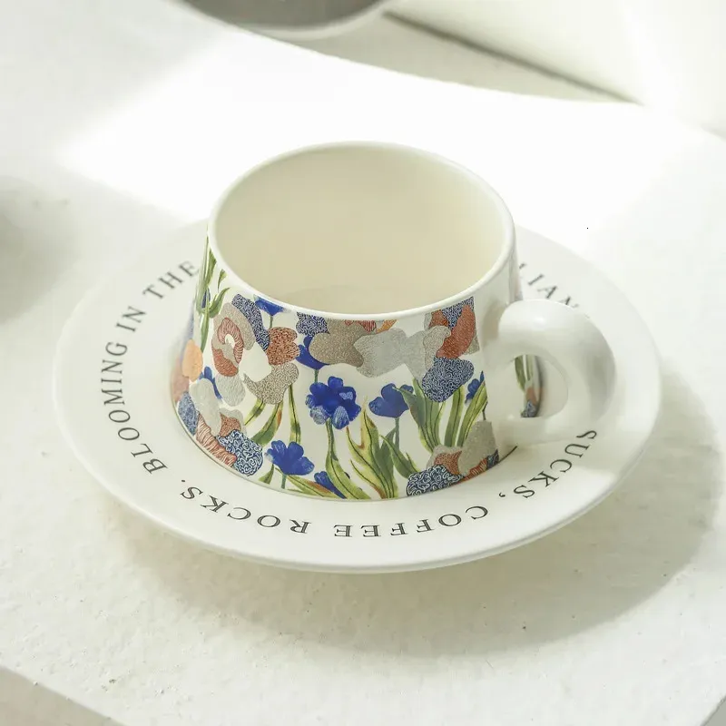 Vintage Garden Coffee Cup och tefat akvarell Målning Style Ceramic Pastry Plat Platt Platkorg Mugg Husuppvärmning 240105
