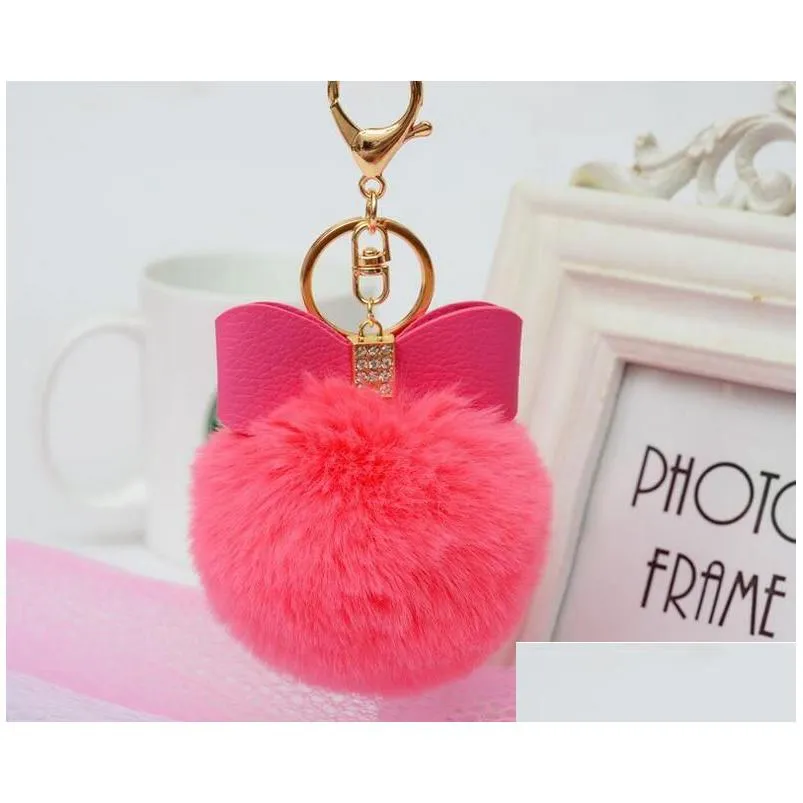 Keychains & Lanyards Rex Rabbit Hair Ball Key Ring With Diamond Pu Bow-Knot 16 Color Choose Alloy Fashion Bags Keychains Drop Deliver Dhujn