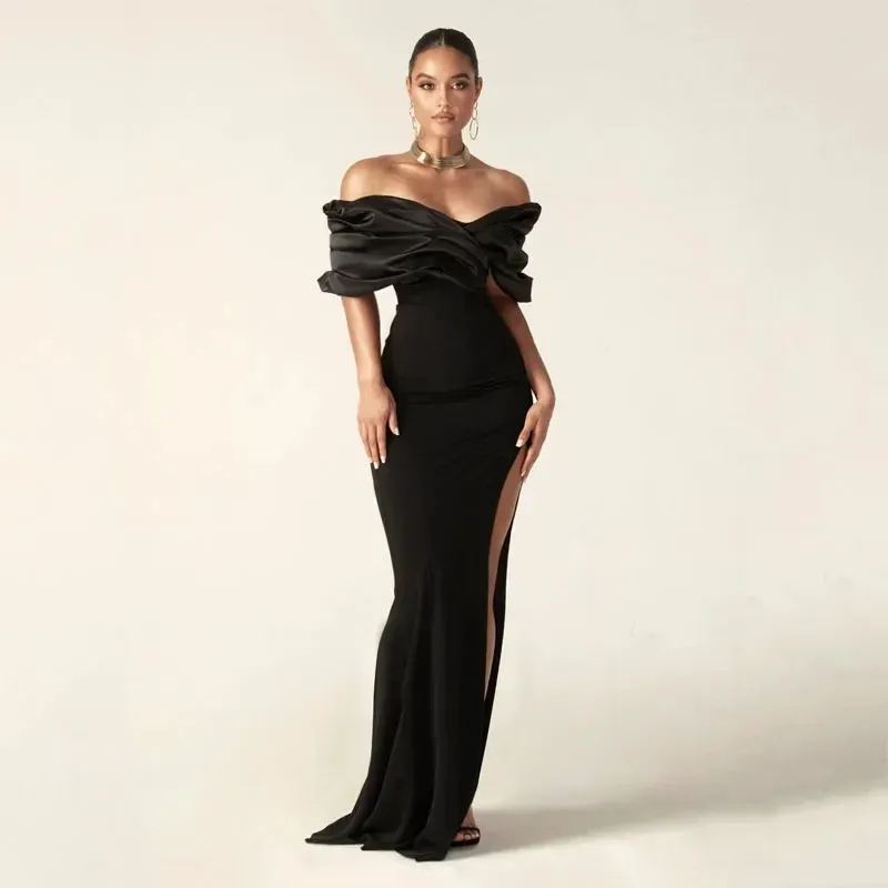 Elegante abito da sera a sirena in raso nero con spalle scoperte con abiti da festa formali con spacco laterale Abiti da ballo per donne Robe De Soiree