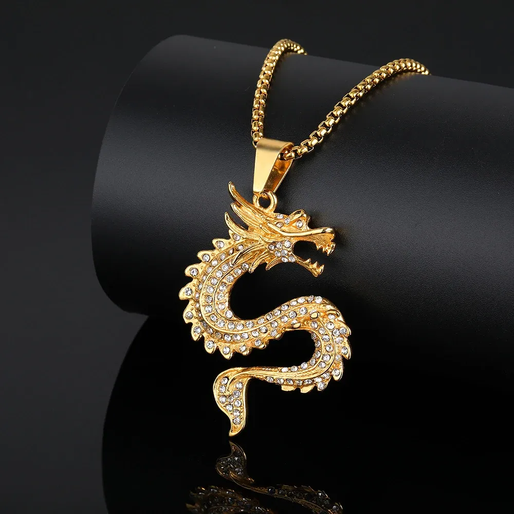 Hip hop iced out bling dragão chinês pingente declaração masculino cor dourada 14k amarelo ouro animal colar para homens jóias presente