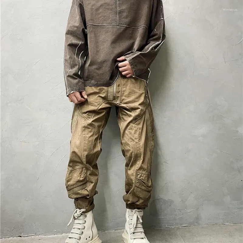 Tute da uomo Stile d'avanguardia Abbigliamento invecchiato Lavato Rifiuti Suolo Techwear Tuta Cuciture tascabili Pantaloni con fascia alla caviglia Alla moda Sciolto