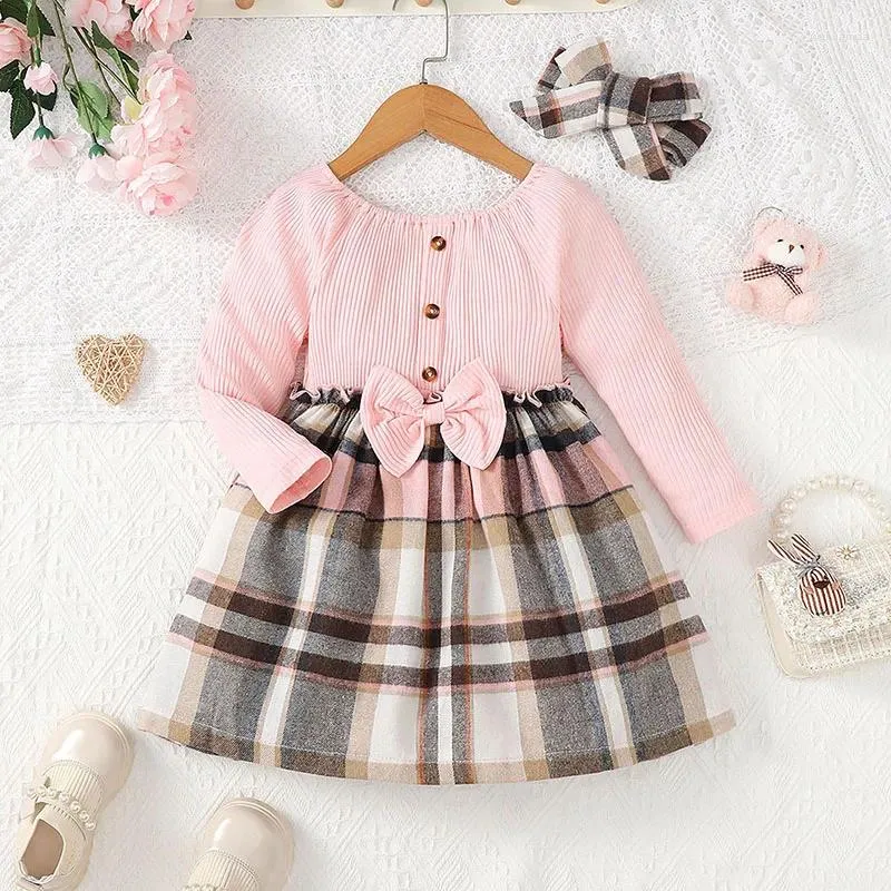 Robes de fille Enfant en bas âge bébé filles laine Plaid robe côtelée princesse à manches longues tricoté arc bandeau enfants A-lin tenues vêtements