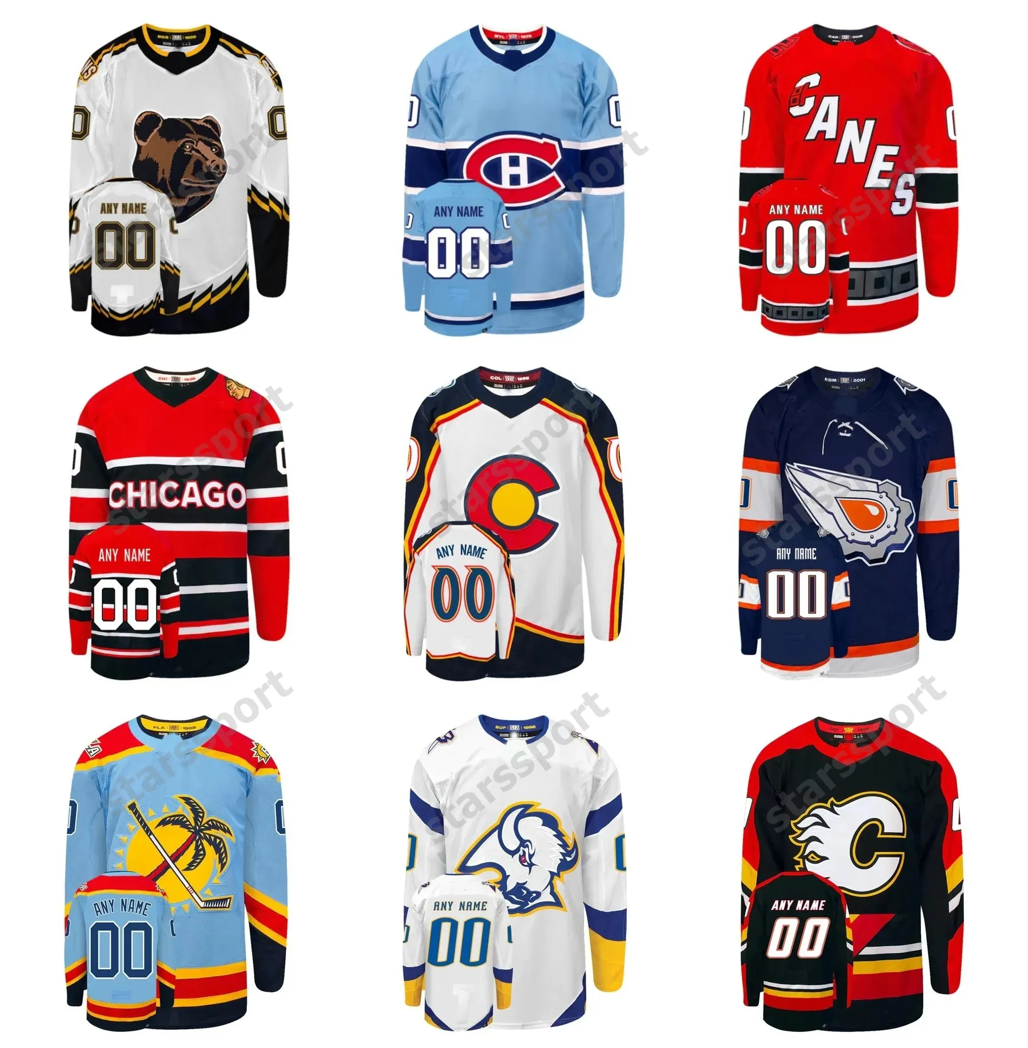 Barato Dropshiping 2022 Reverse Retro Personalizado Hóquei Jerseys PATOS COYOTES CANADIENS FLAMES BRUINS HURRICANES BLACKHAWKS AVALANCHE STARS OILERS SABRES CANUCKS