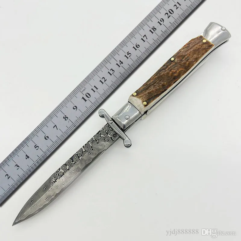 9 Inch Italian Style Stiletto Mafia Single Action Automatic Pocket Knife Damascus Antlers Handle Hunting Self Defense Survival Auto Tactical Knives UT88 UT85 3400