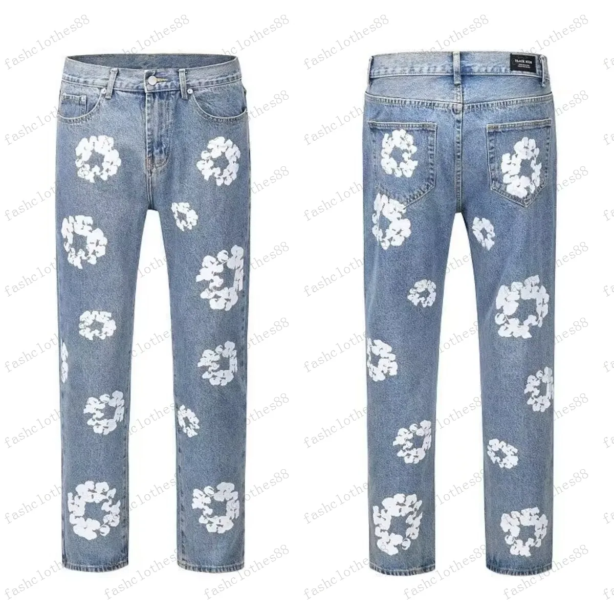 Flower Full Print Jeans High street Pants Oversized Streetwear Straight Casual Men and Women Denim Trousers