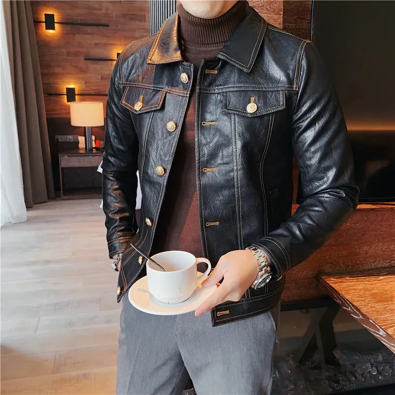 Брендовая одежда, мужская весенняя повседневная кожаная куртка/мужская облегающая модная кожаная куртка высокого качества, мужская одежда S-3XL 240104