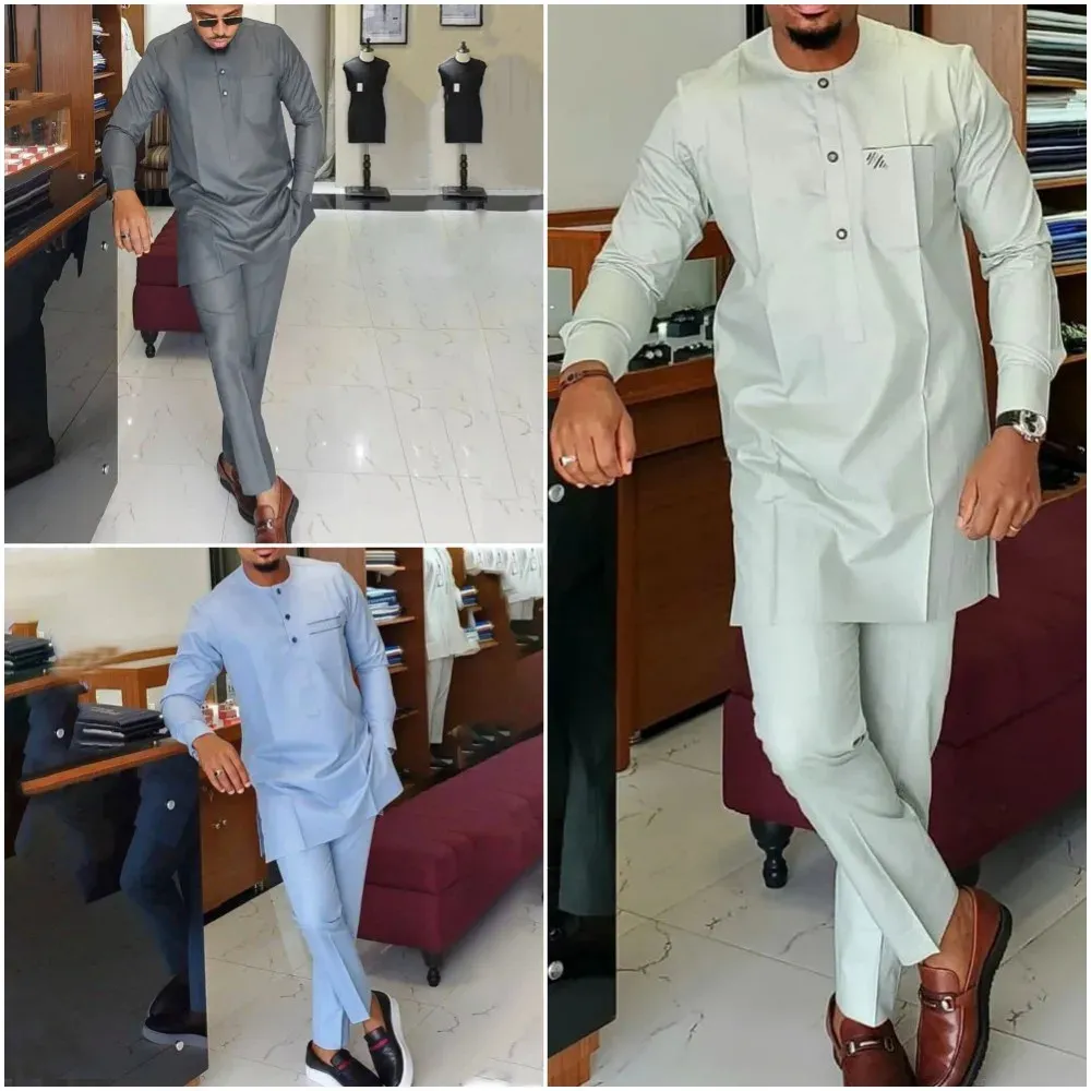 Zestaw męski etniczny styl stały kolorowy kieszenie na długi rękawe spodnie Męskie ubranie 2-częściowe strój garnitur zwykły dasiki koszulki 240104