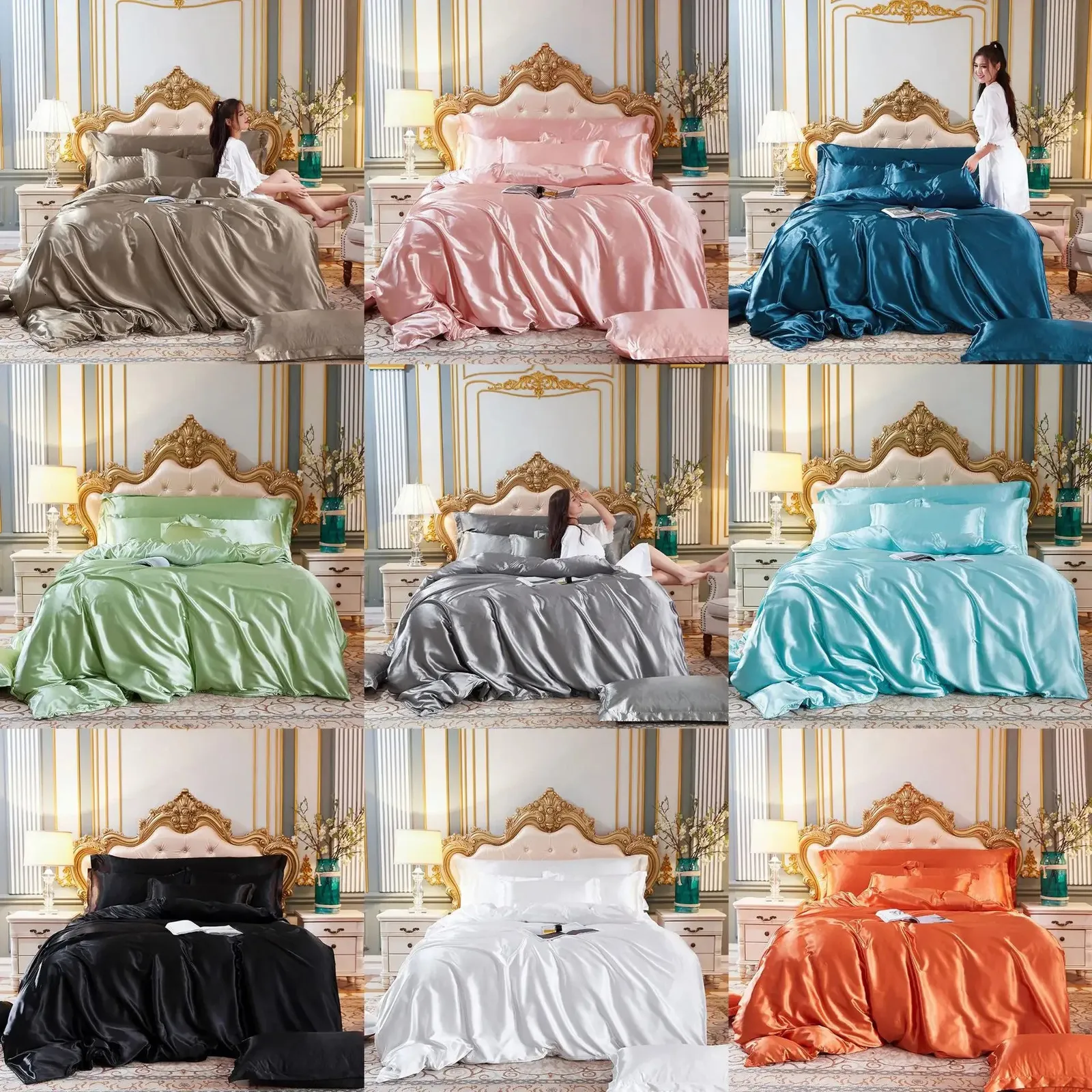 Ensemble de literie trois pièces en Satin imitation soie, housse de couette et taie d'oreiller, textile de maison européen et américain, couette 240x220, King Size 240105