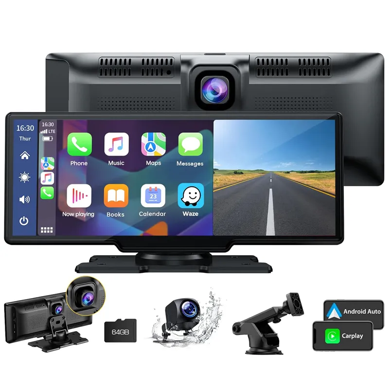 Autoradio da 10,26" Apple Carplay Android Auto con Dash Cam 2.5K, telecamera di backup 1080P Autoradio con Bluetooth/Mirror Link/Navigazione mappe/Controllo vocale/Scheda 64GTF/FM