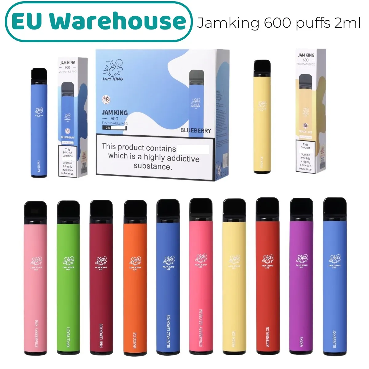 Jam King EU Stock Vape jetable Puff 600 2 ml E-jus 10 saveurs cigarette jetable Chine vente en gros Vape Stick 550 mAh batterie 20 mg Nic Mesh Coil Elf Bar
