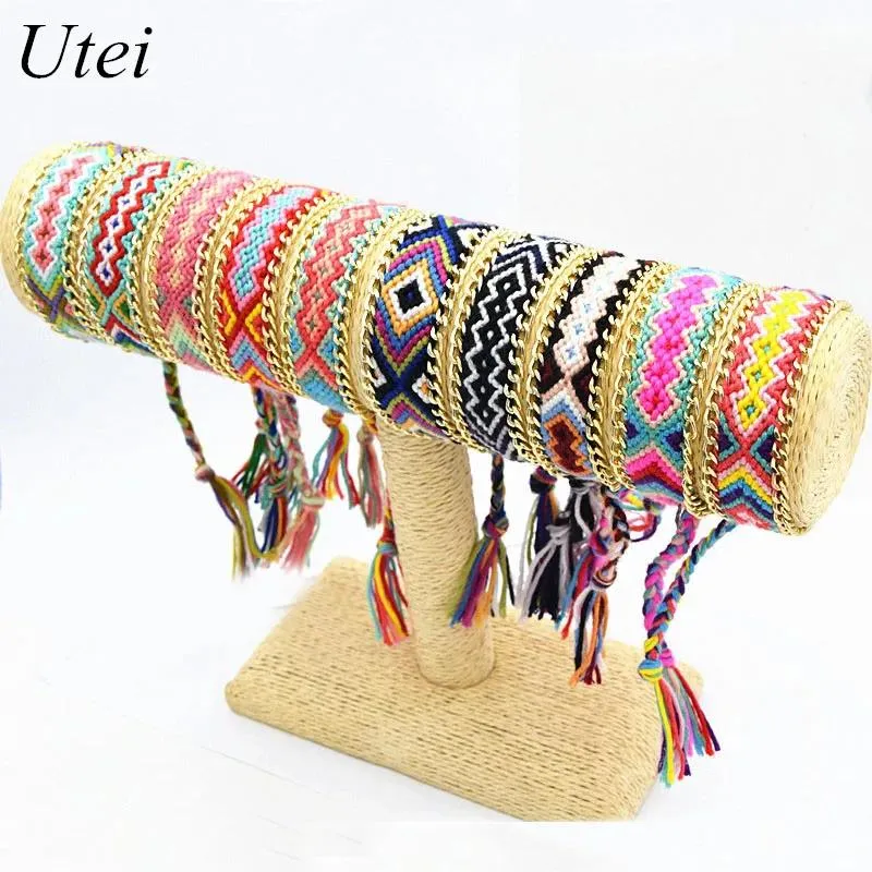 Bangle Utei Armband Guldfärglegering Hot Selling Summer Fashion Cotton Woven Friendship Armband 10 Design Mixed Women Armband