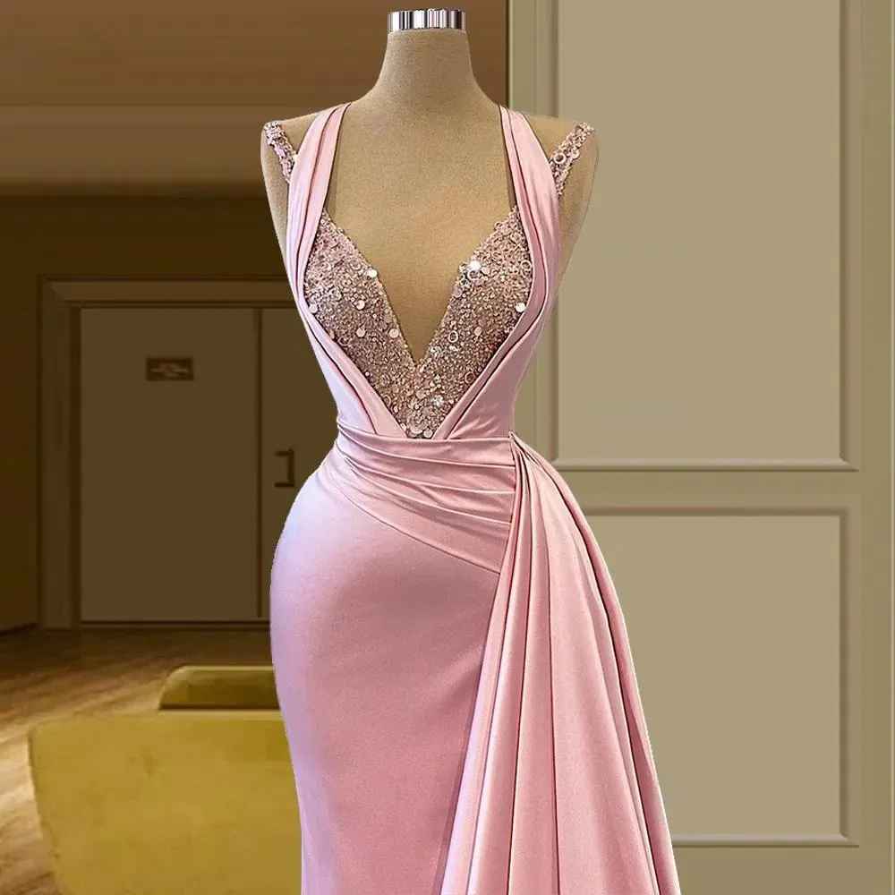 Vestidos de Noche de sirena rosa, vestido de fiesta de lentejuelas sin mangas de Dubái para mujer, vestido de fiesta de encaje de Oriente Medio, vestido de noche personalizado YD