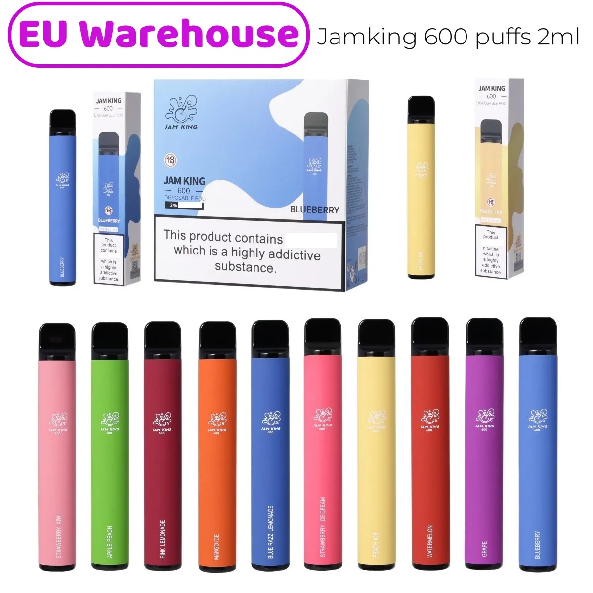 EU Stock Jam King Vapes Electronic Cigarettes Puff 600 2ML E-JUICE 10 Flavors Disponible Cigarett China Wholesale Vape Stick 550mAh Battery 2% Nic Mesh Coil