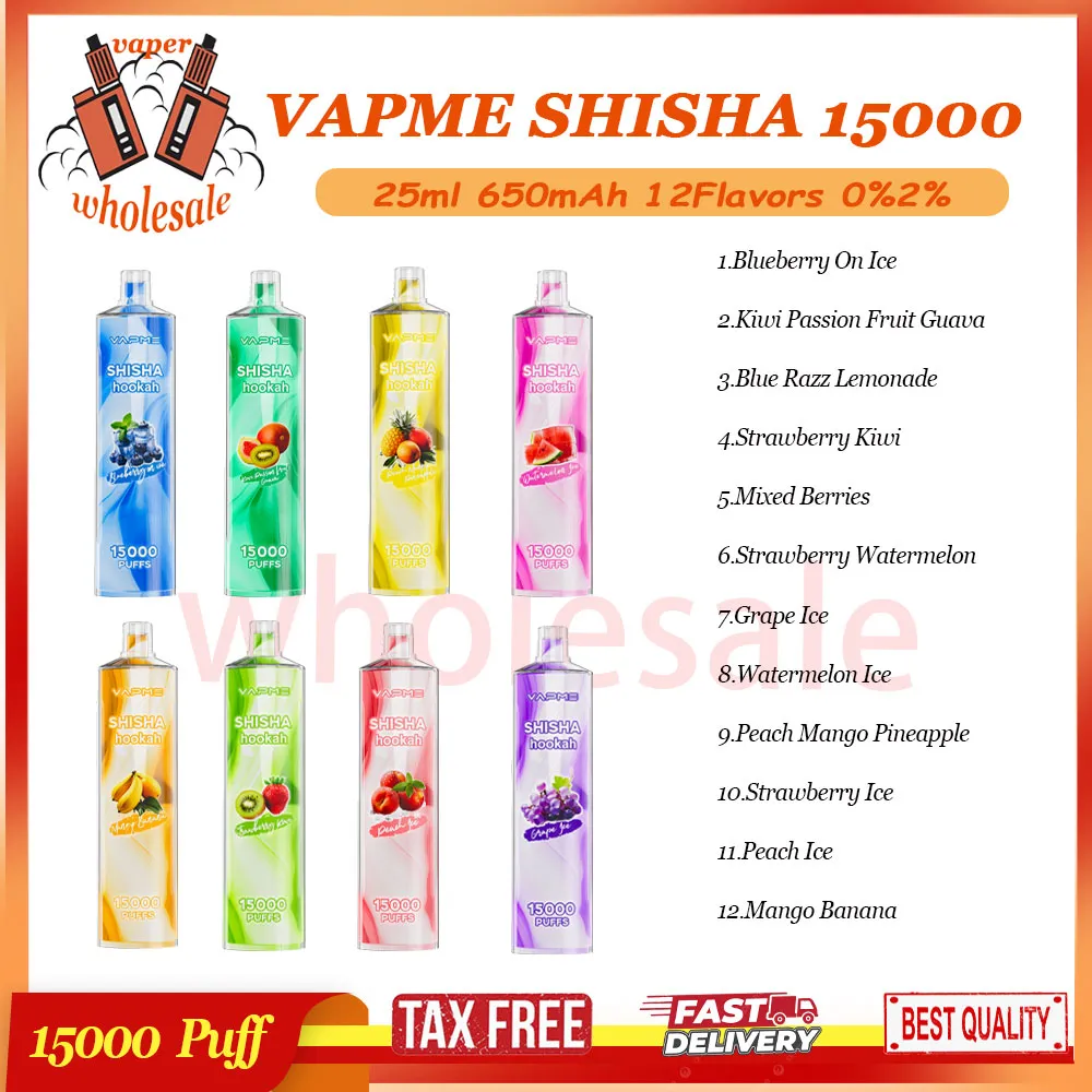 Vapme Shisha 15000 Puff使い捨てベイプペンメッシュコイル25ml事前に充填された650mAh充電式バッテリー充電0％2％レベル気化器デバイス15k eタバコ12味