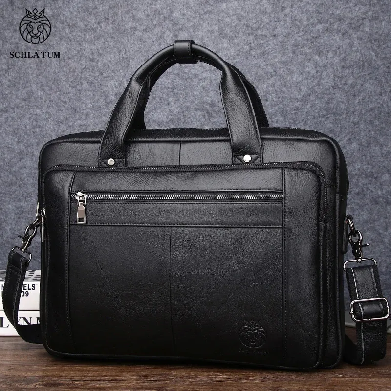 SCHLATUM autentica briefine in pelle di cuoio nero per uomo borse di lusso borse per laptop borse da 16 pollici per computer da 16 pollici 240104