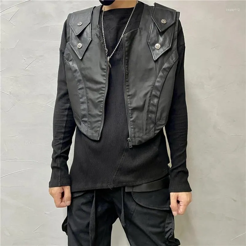 Men's Tracksuits Dark Retro Gothic Sleeveless Zipper Vest Personality Stitching Trendy Waistcoat Designer Leather Patchwork Top Coats