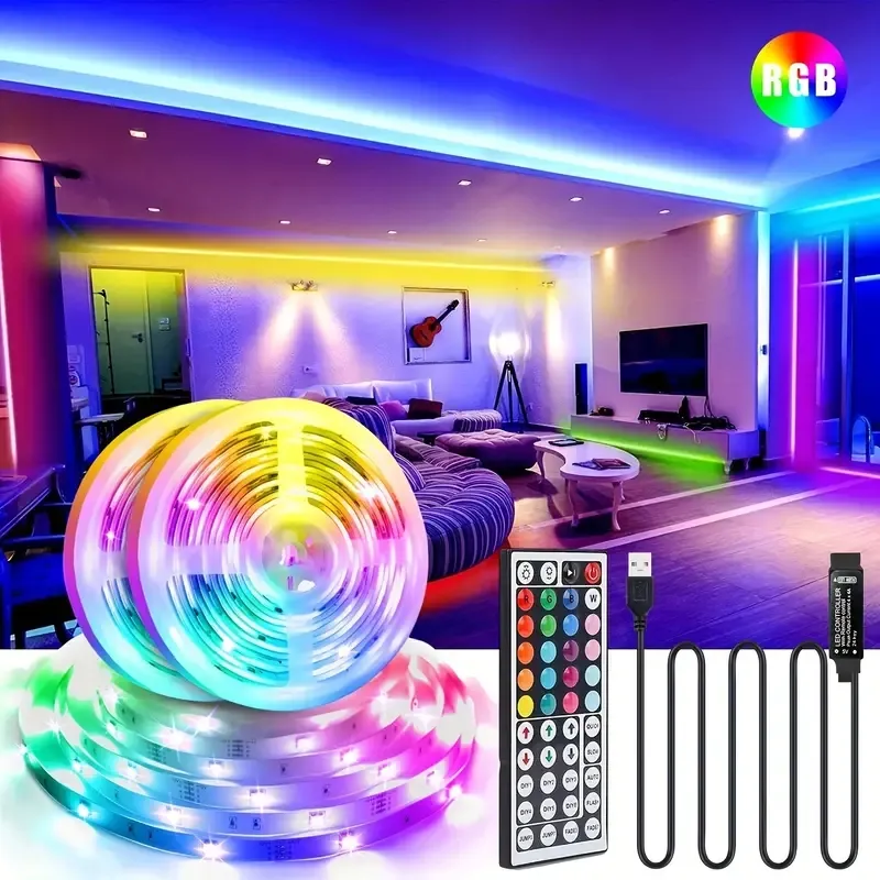 3.28 FEET/16.4 FEET/32.8 FEET/49 2 FEET/65.6 FEET Muzyka Zsynchronizowana RGB 2835 LED LED, z 44-klawiszowym zdalnym sterowaniem, zasilacz DC 5V USB (z baterią)