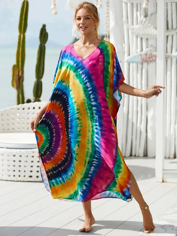 Damskie stroje kąpielowe 2024 sukienka maxi kolorowy druk plażowy pokrywka zimowa luźna v szyja długa sarong kaftan pareos szatę gałki plażowe