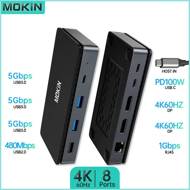 MOKiN 8-in-1 USB C Docking Station 4K 60HZ -2 DP 3 USB3.0 5Gbps PD 100W SD/TF for MacBook Pro/Air M1 M2 Laptop PC Thunderbolt 240104