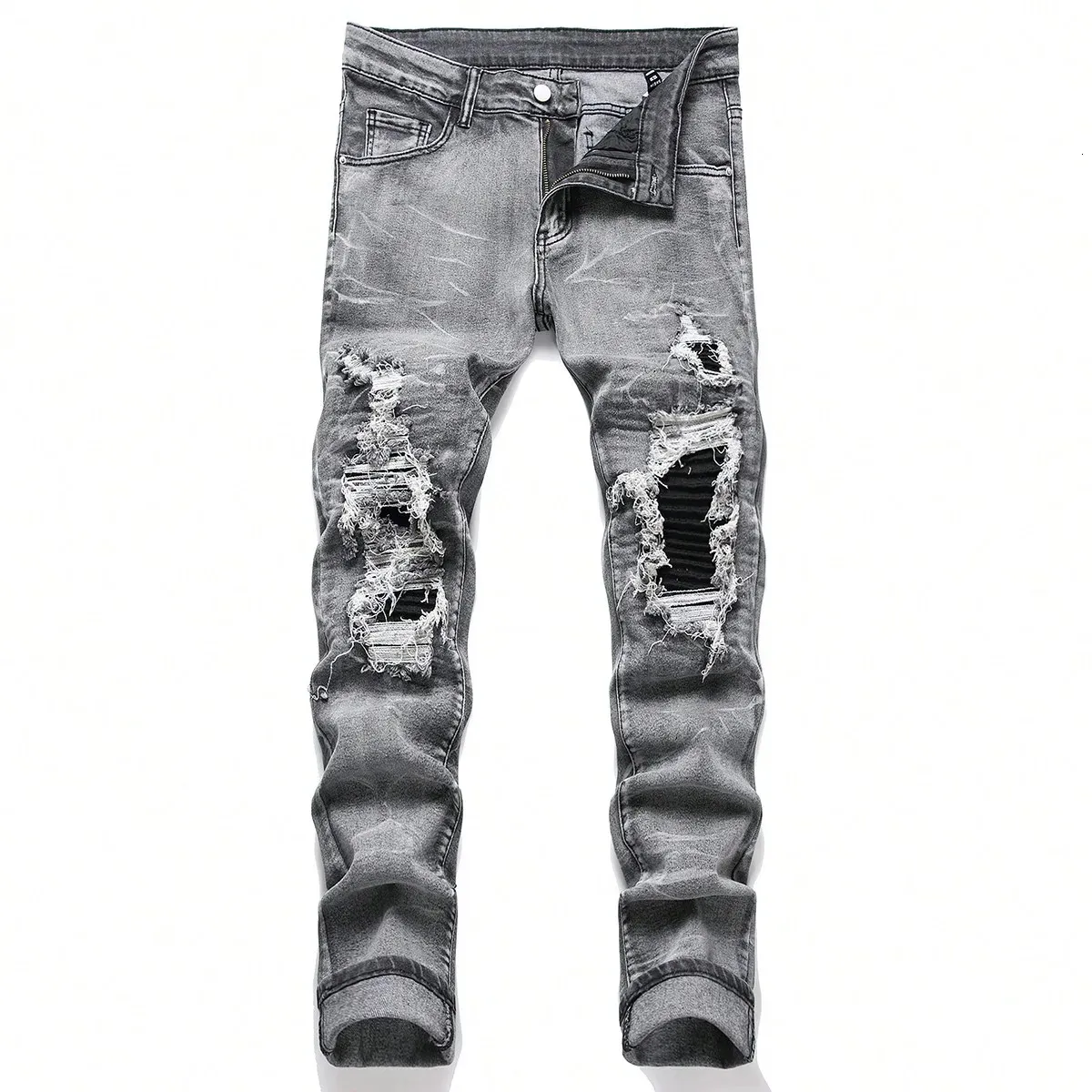 Mens Stretchy Denim Jeans Streetwear Tearing Patchwork Holes Ripped Elastic Waist Casual Pants Slim fit Straight Trousers 240104