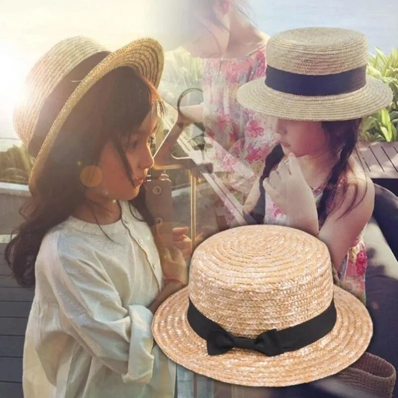 Berets Cute Child Girls Straw Hat Bowknot Sun Kids Large Brim Beach Summer Boater Ribbon Round Flat Top Fedora 54cm