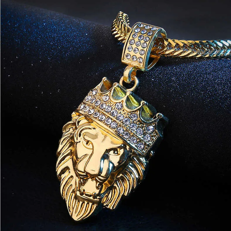 Tête de Lion pour hommes nouveau diamant clouté Hip Hop plaqué or Hiphop pendentif couronne collier PYFG