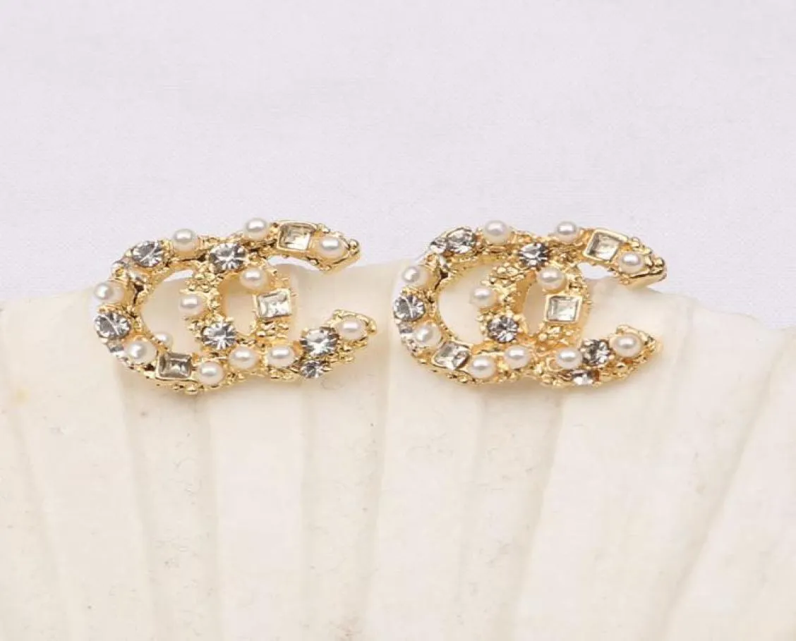 Beauully Placcato in oro 18 carati Argento 925 Designer di marchi di lusso Doppie lettere C Stud geometriche famose donne strass di cristallo Pera2037197