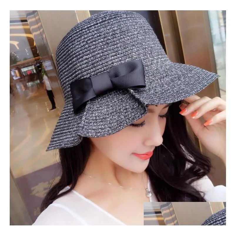 Chapeaux à large bord Mticolor St Braid Femme Chapeaux de godet avec Bowknot Chapeau pliant Sunbonnets Portable Sunhat Pêcheur Drop Livraison Mode Dhpyv