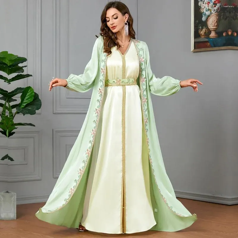 Etnische kleding elegante moslim abaya dubai satijnen kimono vest gewaad kralen lange mouwen abays uitloper damesjurk set 2 stuks Marokko