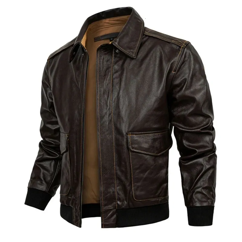 Dunkelbraune Herren-Jacke aus echtem Leder, Militärpiloten-Rindslederjacken, Air Force Flight Classic G1-Mantel aus 100 % Kalbsleder, 240104