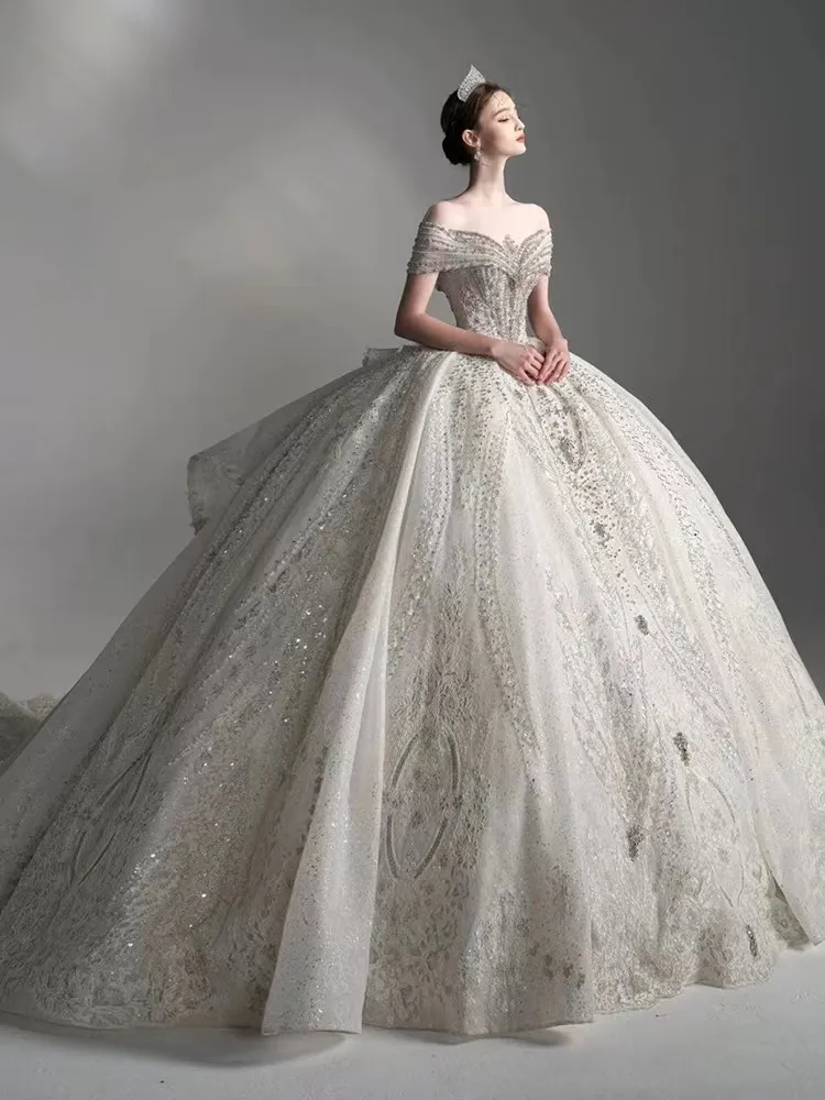 2024 Ball Gown Wedding Dresses Luxury off shoulder Full Lace Appliqued Crystal Beads Illusion Long lace Tulle Dubai Arabic Bride Bridal Gowns Plus Size bling wed gown