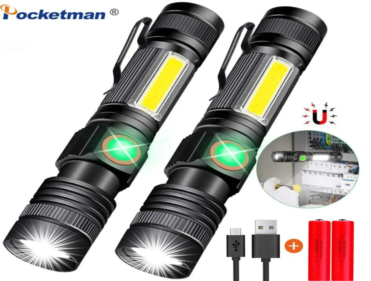 8000 lm USB Latarka Super jasna magnetyczna pochodnia LED z boczkiem bocznym kolbą Zoomowalny klips do biwakowania 2103221638905