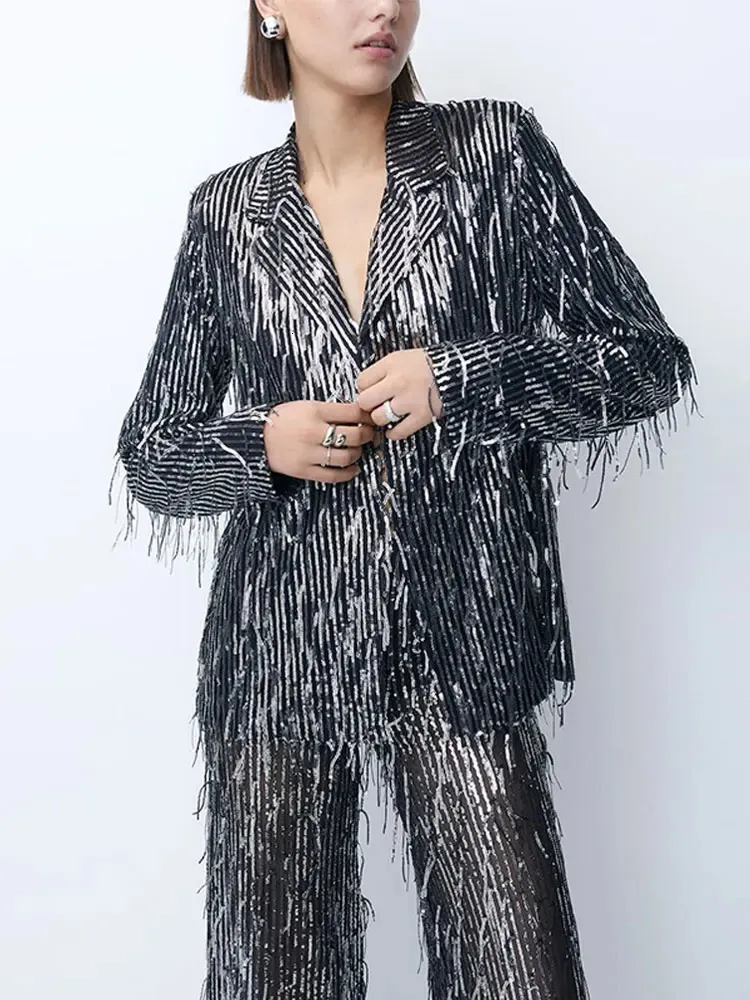 Kadın Tokalı Tassel Glitter Lapel Blazer Pantolon Takım Moda Şişirli İnce Ceket Gevşek Seti 2023 Parti Akşam Kulübü Kıyafetleri 240105