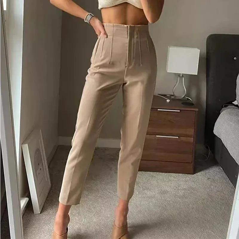 TRAF Fashion Office Wear High waist Pants for Women Formal outfits Pencil Trousers Black Pink White Ladies y240104