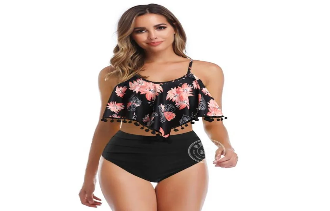 Costumi da bagno Nappa Ruffles Abiti da donna Due pezzi Set Foglie Poke Fiore Stampato Beachwear Vita alta Bikini Set Bottoms Push Up Tank7546111