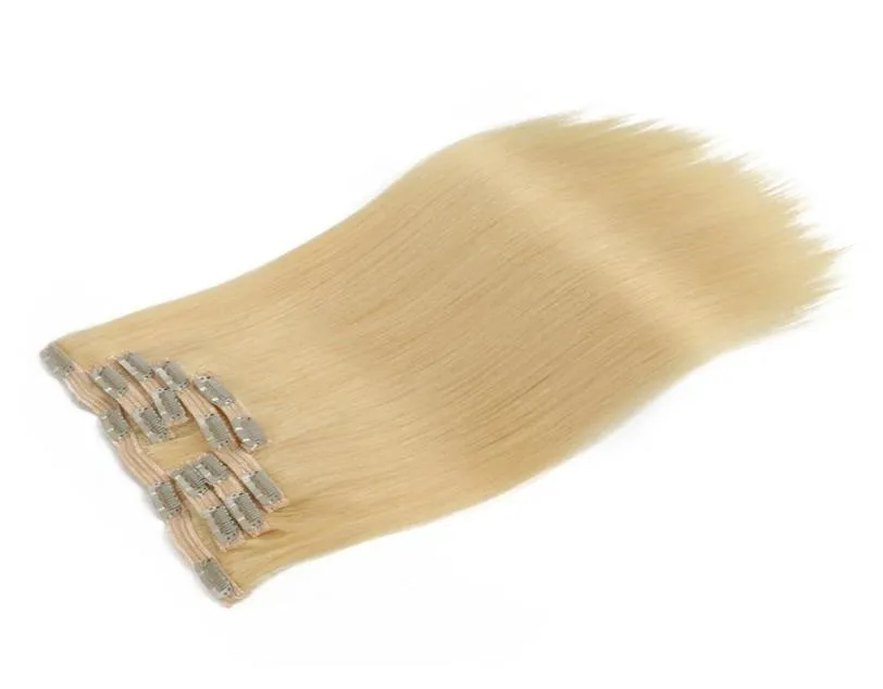 Clip de calidad estupenda en extensiones de cabello humano Pelos vírgenes brasileños 7 piezas / set 100 g clips de cabello de color rubio de onda recta 2082470