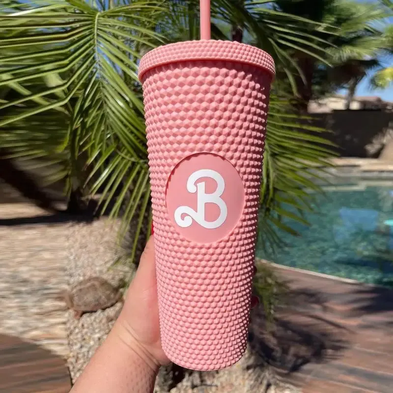 800ml Stro Waterfles Bar Bezaaid Tumbler Bling Roze Barbi Cup 24oz BPAFree Drinkbekers Voor Strand Thuis Kantoren School 240105