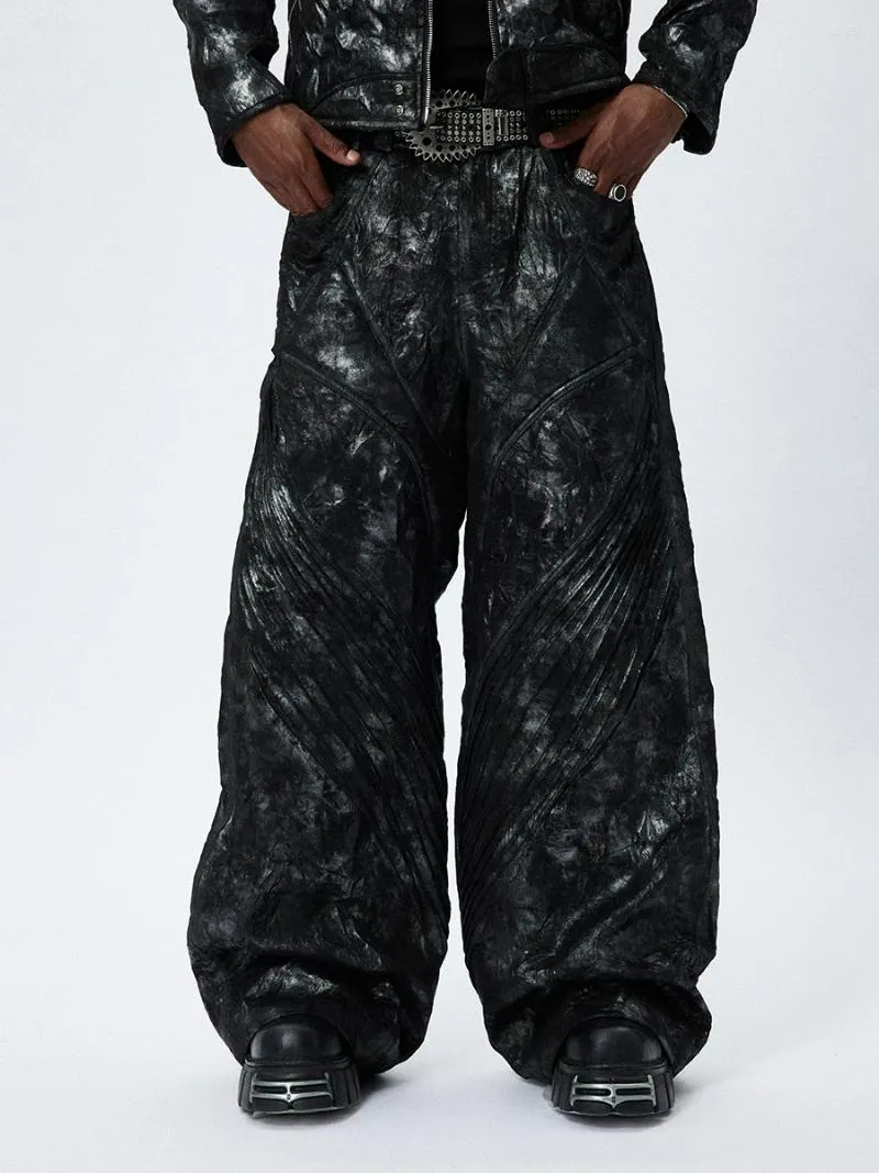 Herrspårar Nisch Design American Street Hip Hop Motorcykel Heavy Industry Fold Leather Pants Wide Ben Last