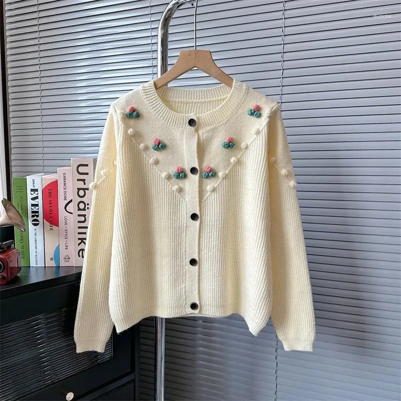 Suéter feminino coreano cardigan para mulheres inverno artesanal bola beading moda camisola de malha top branco jumper floral bordado puxar