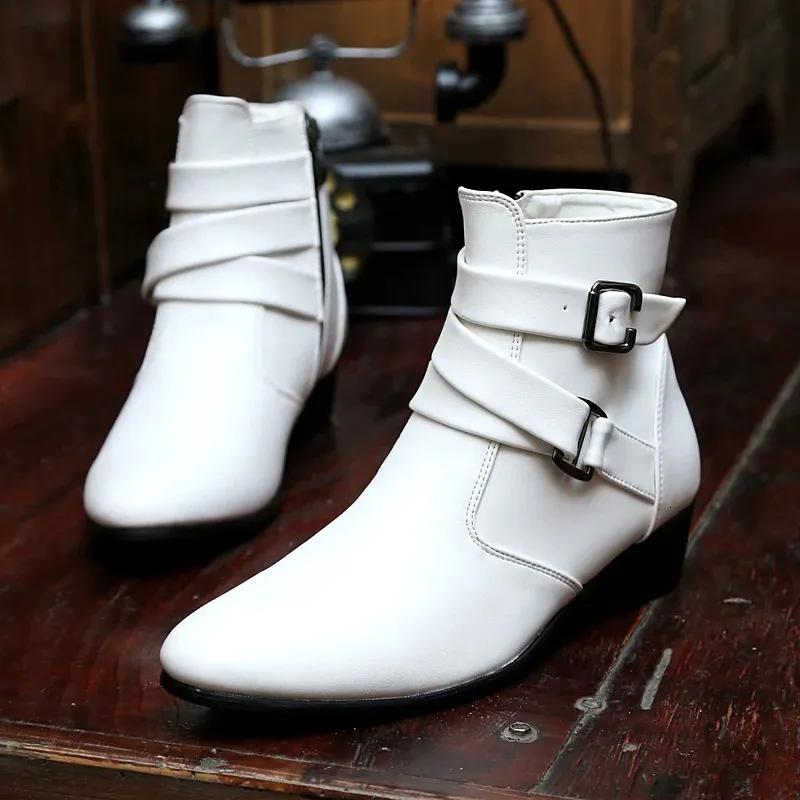 Роскошные кожаные ботинки челси, мужские дизайнерские белые платья, повседневная обувь с высоким берцем и пряжкой на ремешке, официальная обувь, мотоцикл 240105