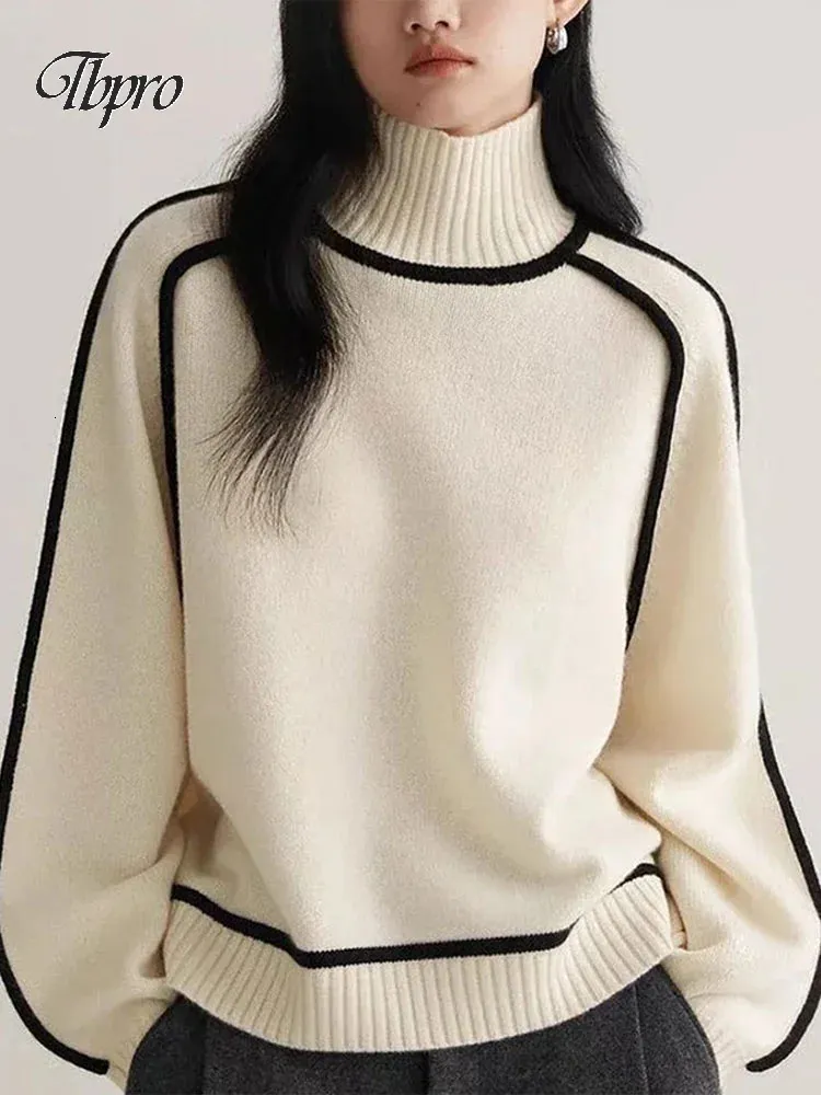 Fashion Contrast Color Turtleneck Knitted Sweater For Women Casual Long Sleeve Korean Pullover Basic Simple Ladies Loose Jumper 240105