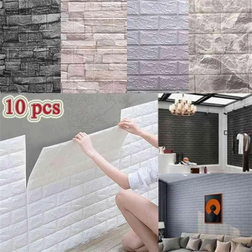 10 Pcs Self-adhesive 3D Panels Wallpaper Waterproof Foam Wall Stickers Tile Brick Living Room TV Background Decals 38 35cm 2109103241